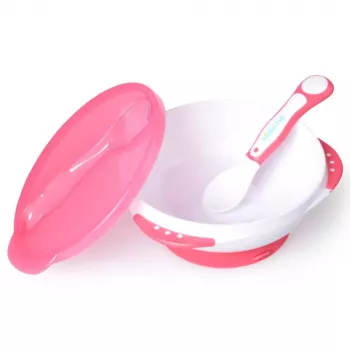 Kidsme set scodella per neonati con base a ventosa, coperchio e cucchiaio termometro, lavanda, 9m+