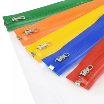 Rapesco Zippi Bags A5+ buste con zip, 250 x 195 mm, trasparenti con bordo blu, arancione, verde, rosso, giallo, confezione da 5 1502