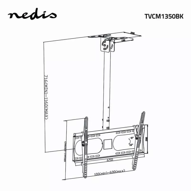 Nedis TVCM1350BK supporto da soffitto per TV, 42-65 pollici, VESA fino a 600x400, nero