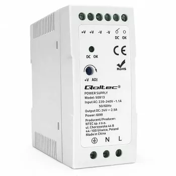 Qoltec alimentatore per guida DIN 60W 24V 2,5A bianco Slim
