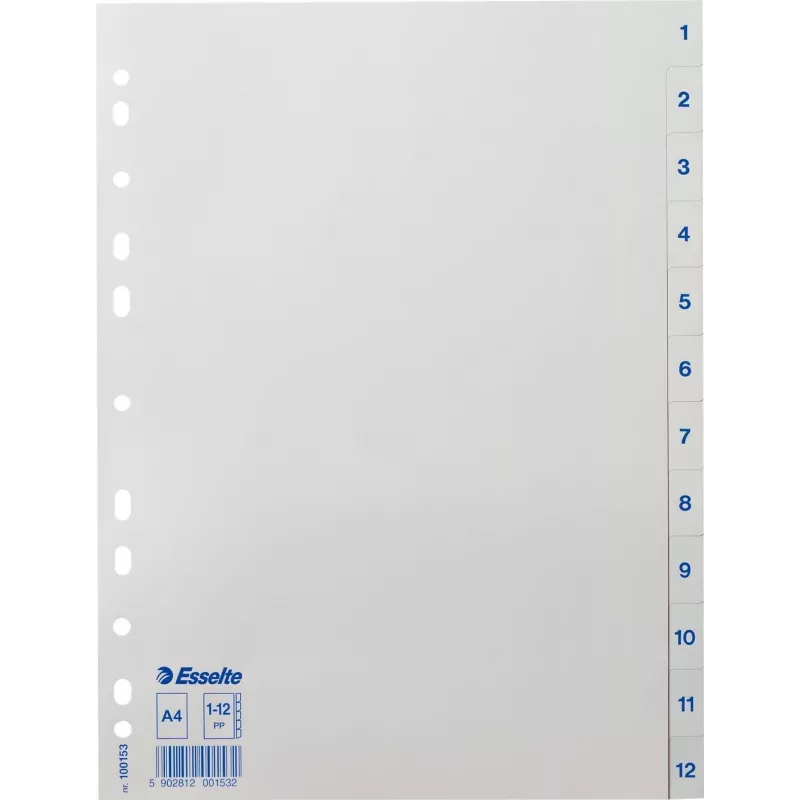 LEITZ Esselte rubrica in plastica, numerata 1-12, A4, bianco, foratura universale, 10 set (100153)