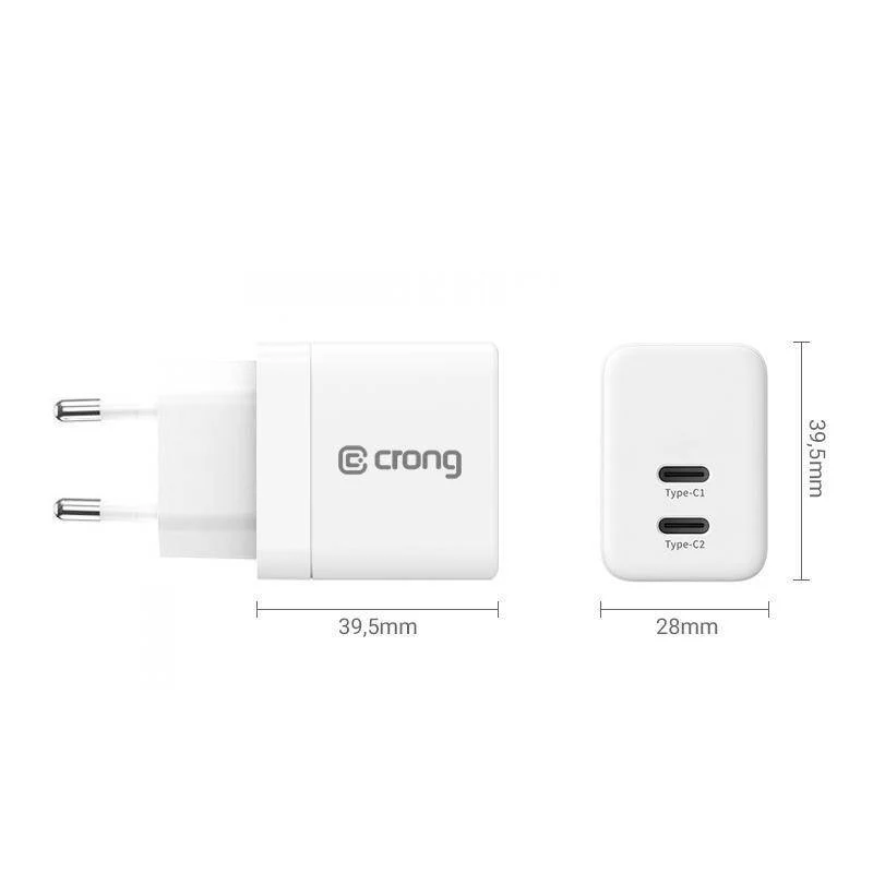 CRONG 35W caricabatterie da parete Dual USB-C PD 3.0 PPS GaN - bianco