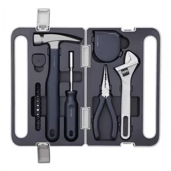 HOTO QWSGJ002 set di 12 utensili manuali per la casa con cacciavite a cricchetto, martello a penna, pinza, chiave inglese, metro a nastro, coltello universale, tester di tensione, nastro isolante in valigetta ABS HTT0018GL
