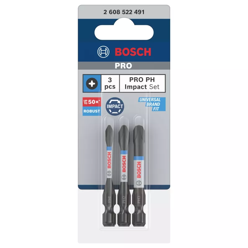 Set punte Bosch 2608522491 Phillips PH2, 3 pezzi, 25 mm, gambo esagonale 1/4