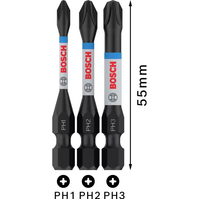 Set punte Bosch 2608522491 Phillips PH2, 3 pezzi, 25 mm, gambo esagonale 1/4