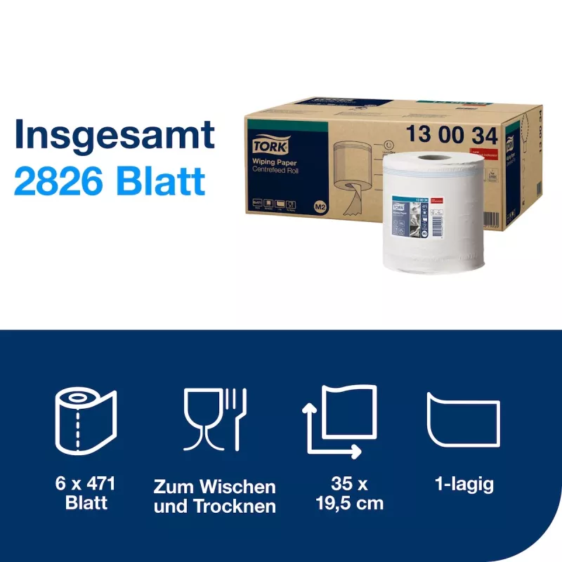 Tork Premium M2 Rotoli di carta per pulizia centrefeed bianca, 1 velo, 471 fogli, 6 rotoli (130034)