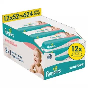 Pampers Sensitive Salviette per neonati, 12 confezioni da 52, 624 pezzi, senza profumo, senza alcol, testate dermatologicamente
