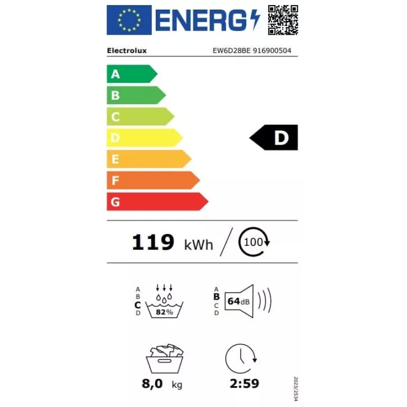 Electrolux EW6D28BE Asciugatrice a pompa di calore 8kg, classe energetica A+++, bianco