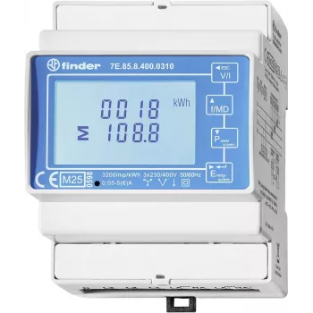 Finder 7E.85.8.400.0310 Contatore di energia digitale monofase, collegamento diretto, classe B, uscita a impulsi S0, guida DIN