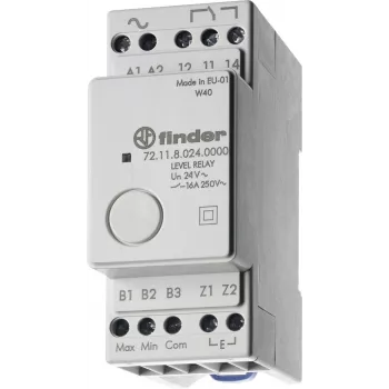 Finder 72.11.9.024.0000 Relè di controllo livello, 24V AC/DC, sensibilità fissa 150 kΩ, 1 CO 10A, guida DIN