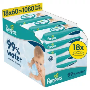 Pampers Aqua Salviette per neonato, 18 confezioni da 60, 1080 pezzi, 99% acqua pura, senza profumo