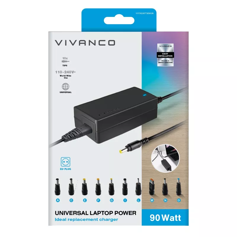Vivanco alimentatore universale per notebook 90W con tensione di uscita selezionabile VVITADAPT90WUN