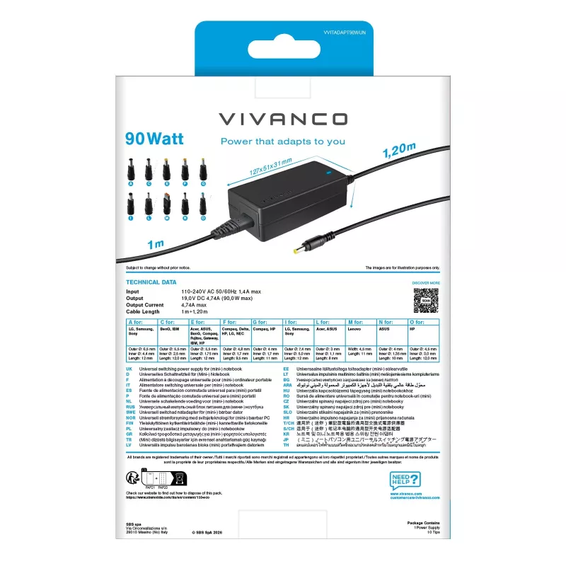 Vivanco alimentatore universale per notebook 90W con tensione di uscita selezionabile VVITADAPT90WUN