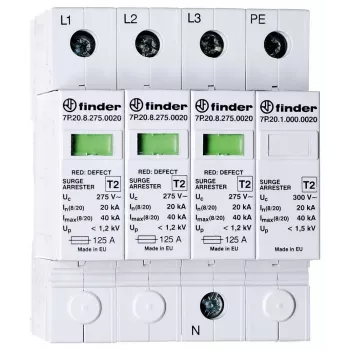 Finder 7P.24.8.275.K110 scaricatore di sovratensione tipo 2 per impianti fotovoltaici, 3 poli, 1100 V DC, 20 kA (8/20 µs), guida DIN
