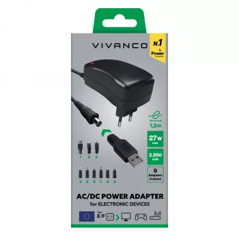 Vivanco Alimentatore universale AC/DC 27W con 7 connettori DC e porta USB VVITADAPT27WUN