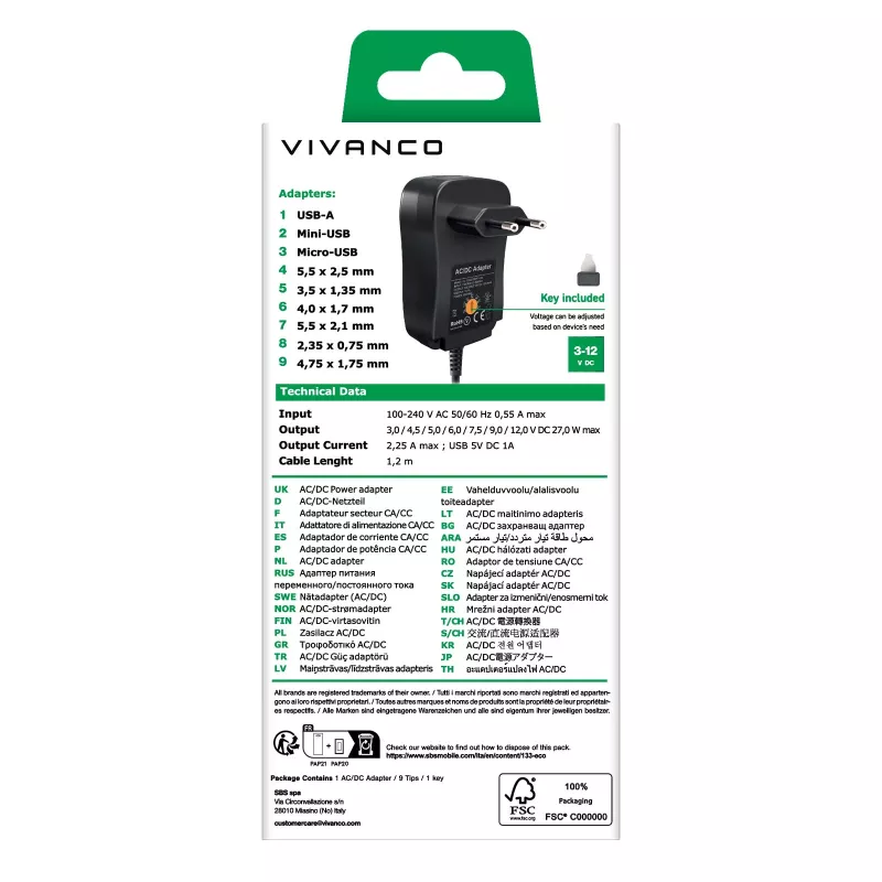 Vivanco Alimentatore universale AC/DC 27W con 7 connettori DC e porta USB VVITADAPT27WUN
