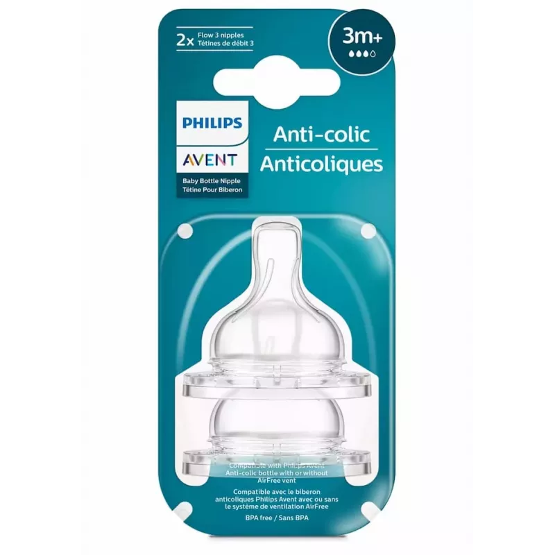 Tettarelle in silicone per biberon anti-colica Philips Avent, flusso medio, 3M+, confezione da 2