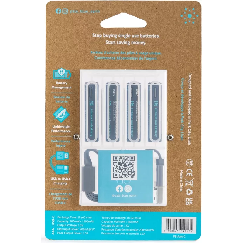 Pale Blue PB-AAA-C Batteria AAA agli ioni di litio ricaricabile USB-C