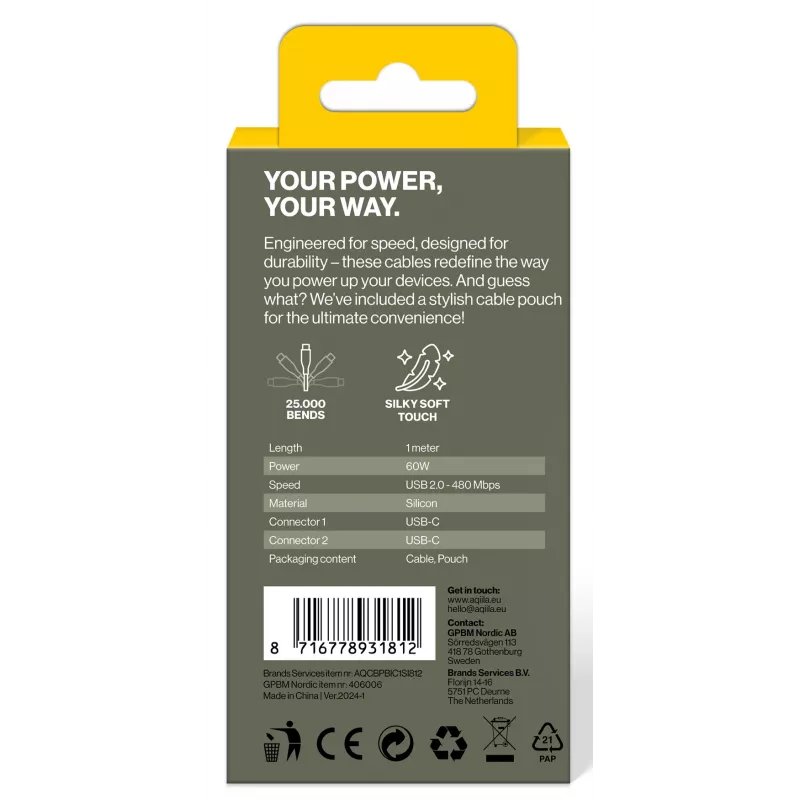 AQIILA Cablebird CS11 Cavo di ricarica e sincronizzazione USB-C a USB-C 1m 60W nero AQCBPBIC1SI812