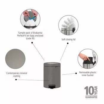 Brabantia NewIcon 5L cestino con pedale, Mineral Concrete Grey