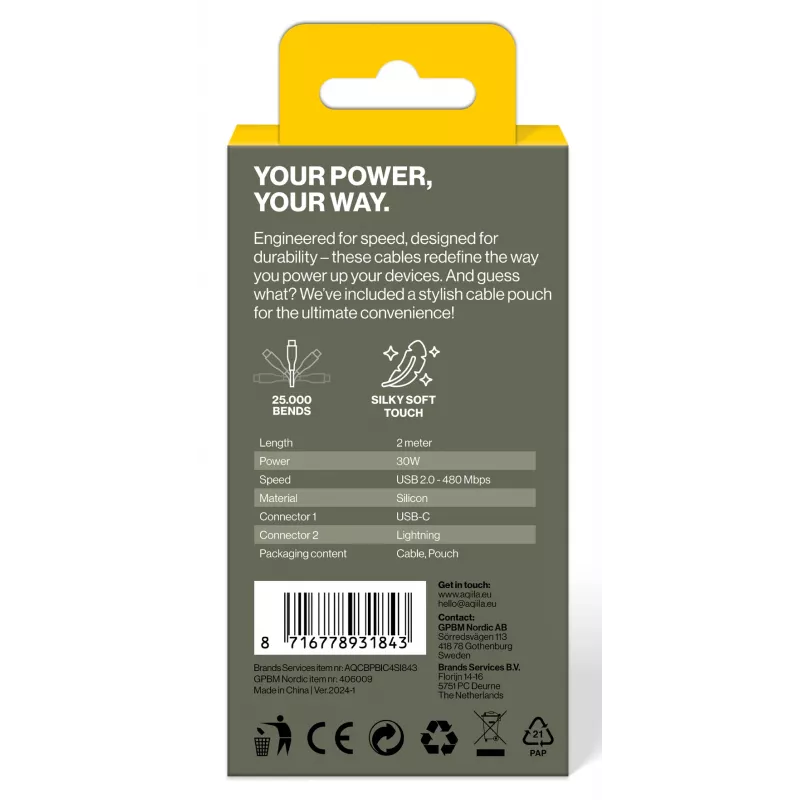 AQIILA 4SI843 cavo di ricarica e sincronizzazione USB-C a Lightning 2m 60W PD AQCBPBIC4SI843