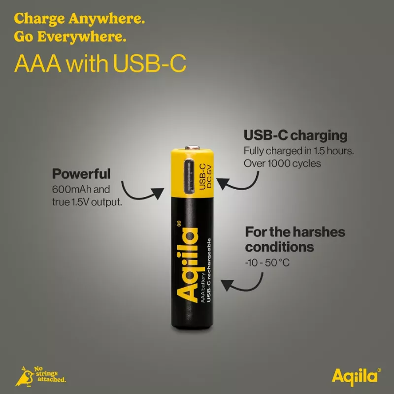 AQIILA batterie ricaricabili AAA NiMH con USB-C, 1,2 V, 600 mAh, confezione da 4 AQ60AAA374C4
