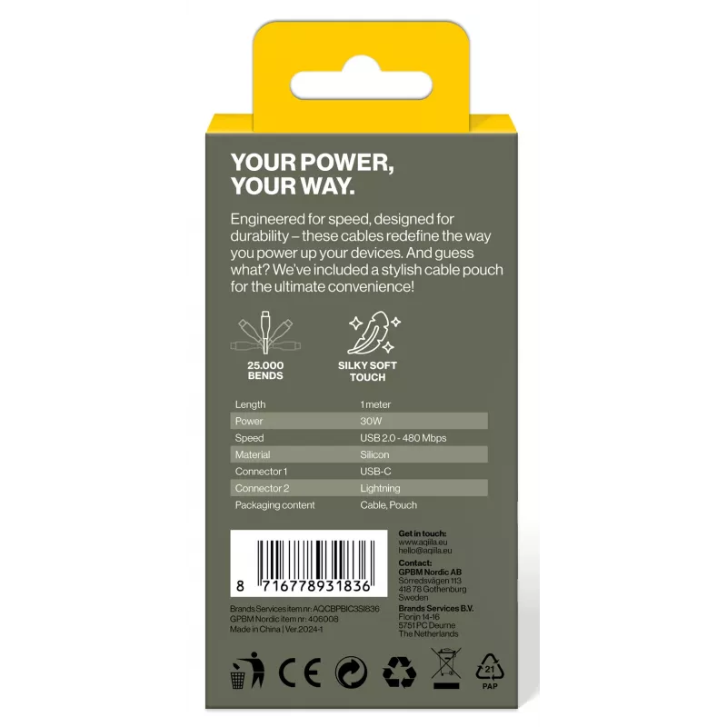 AQIILA 3SI836 cavo di ricarica e sincronizzazione USB-C a Lightning 1m AQCBPBIC3SI836