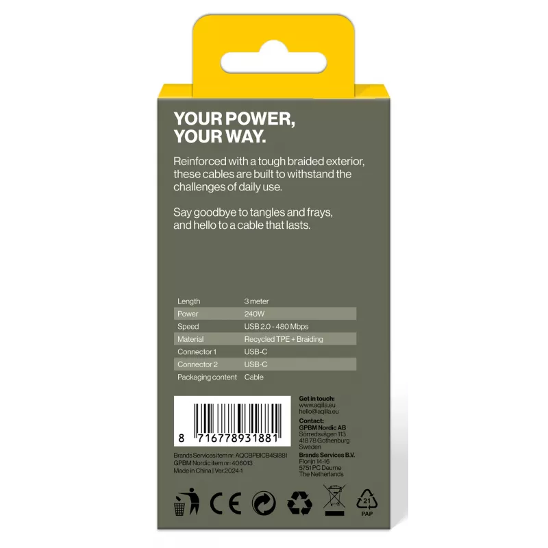 AQIILA cavo di ricarica e sincronizzazione USB-C a USB-C 3 m nero AQCBPBICB4BD881