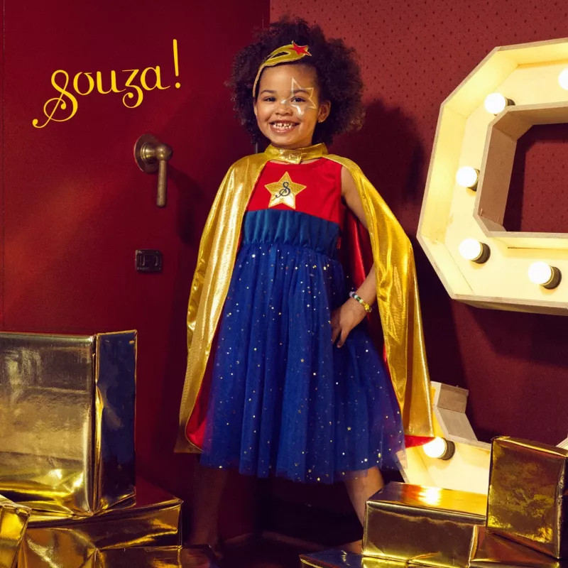 Souza! costume da supereroina vestito con mantello, rosa/oro/blu, 5-7 anni (116-128 cm)