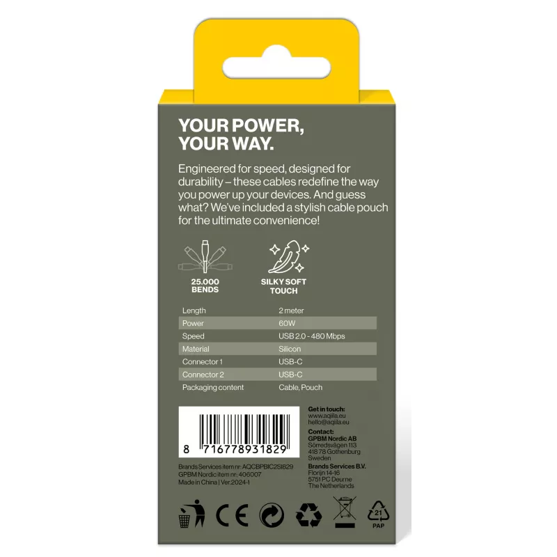 Cavo di ricarica e sincronizzazione AQIILA Cablebird CS12 USB-C a USB-C 2m 60W nero AQCBPBIC2SI829