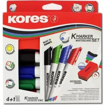 Kores set pennarelli per lavagna bianca, 4 pennarelli + cancellino, punta tonda, 3,0 mm, ad asciugatura rapida, colori assortiti M20863