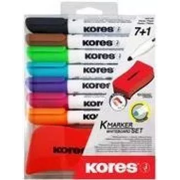 Kores Set pennarelli per lavagna bianca, 7 pennarelli + cancellino, punta tonda, 3,0 mm, ad asciugatura rapida, colori diversi (M20866)