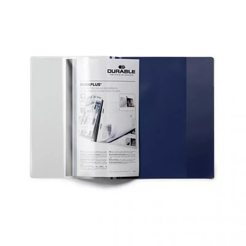 DURABLE DURAPLUS cartella per presentazioni con tasca anteriore trasparente e clip scorrevole, blu scuro, A4, capacità 30 fogli