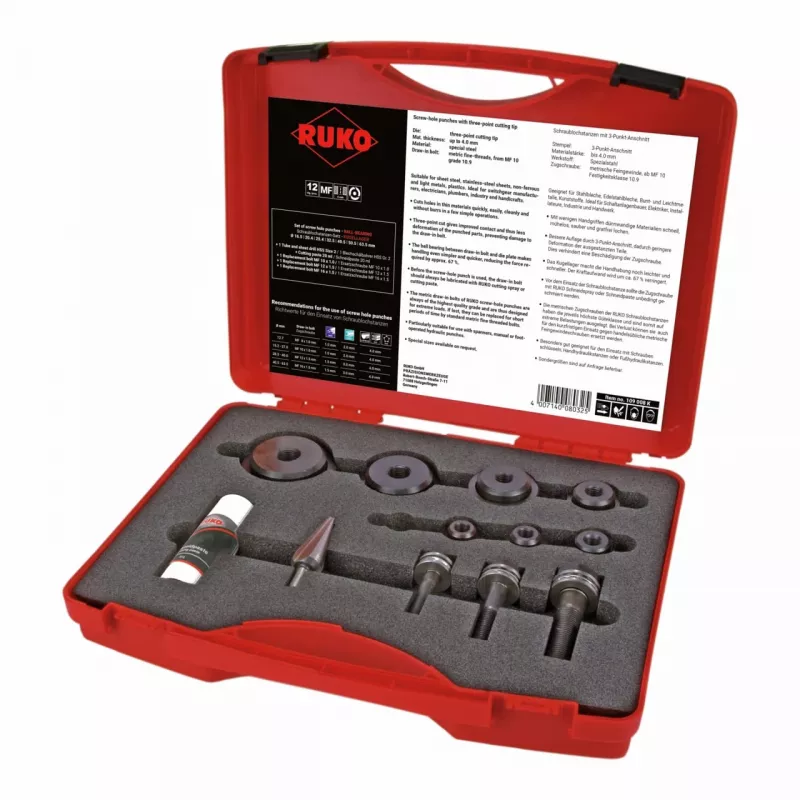 RUKO 109008K Set punzoni per fori viti con cuscinetto a sfere, 12 pezzi, in valigetta di plastica