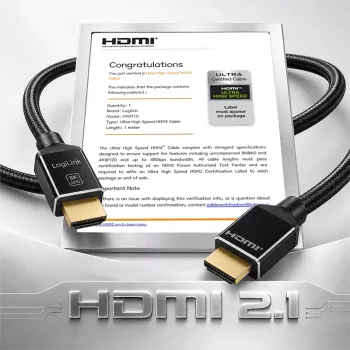 LogiLink cavo HDMI 8K/60 Hz 48 Gbps metallo nylon certificato nero 1 m