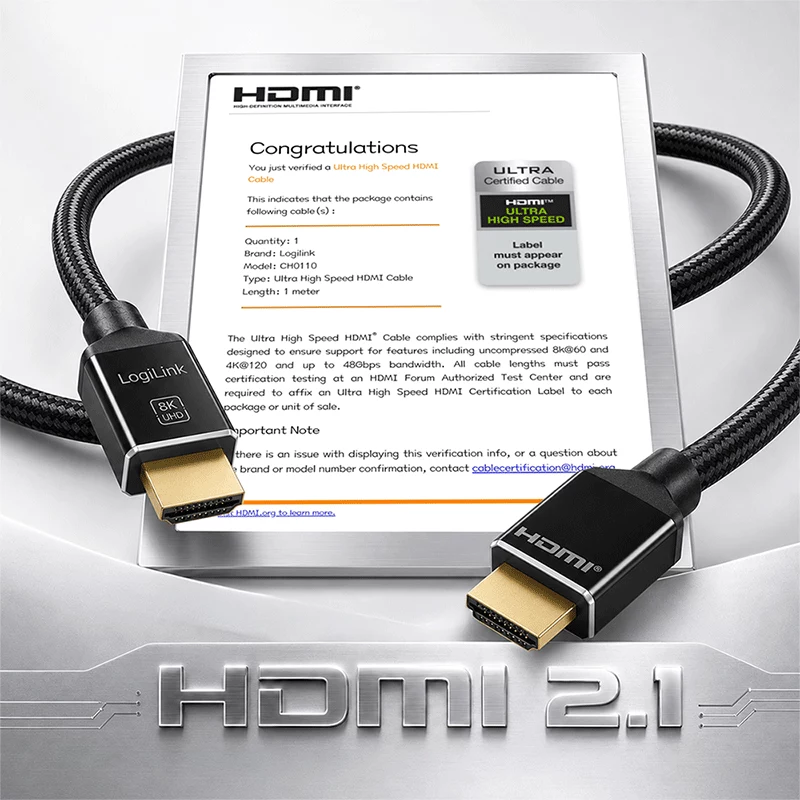LogiLink cavo HDMI 8K/60 Hz 48 Gbps metallo nylon certificato nero 1 m