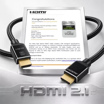 LogiLink cavo HDMI, A/M a A/M, 8K/60 Hz, 48 Gbps, metallo, nylon, certificato, nero, 3 m