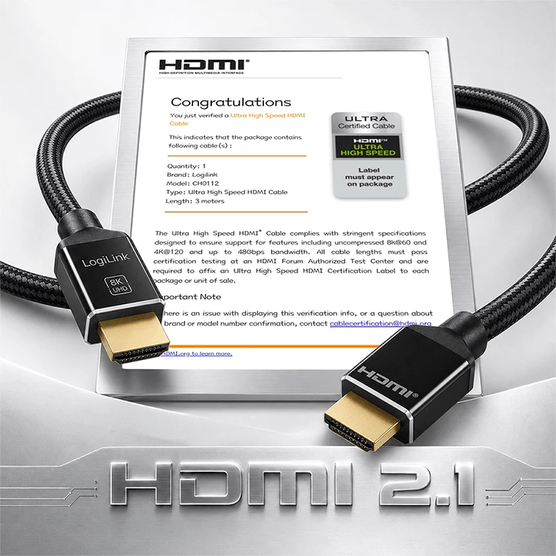 LogiLink cavo HDMI, A/M a A/M, 8K/60 Hz, 48 Gbps, metallo, nylon, certificato, nero, 3 m