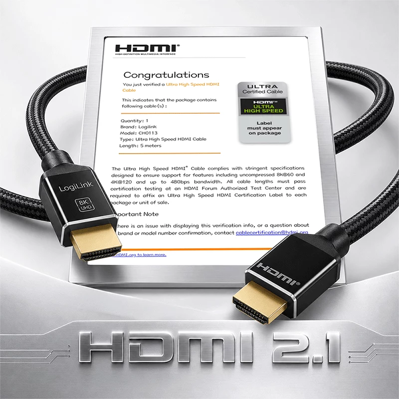 LogiLink cavo HDMI A/M a A/M 8K/60 Hz 48 Gbps metallo nylon certificato nero 5 m
