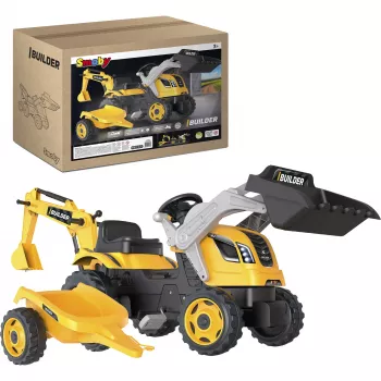 Smoby Builder Max trattore a pedali con rimorchio, giallo