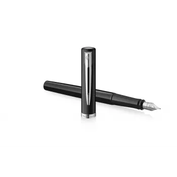 Waterman Impression penna stilografica, lacca nera, anello decorativo cromato, pennino medio, inchiostro blu, confezione regalo 2225497