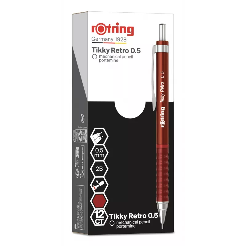 Rotring Tikky Retro matita meccanica 0,5 mm rossa punta cromata impugnatura in gomma 2202568