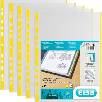 ELBA buste portadocumenti DIN A4 con bordo colorato, PP, giallo, 0,09 mm, cristallino, aperte in alto, foratura europea, confezione da 100 (971619-08)