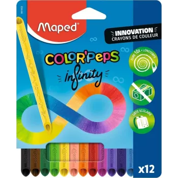 Maped COLOR'PEPS INFINITY set di matite colorate triangolari, 12 colori diversi, dura 10 volte più a lungo, mina 100% pigmento, custodia riutilizzabile 861602