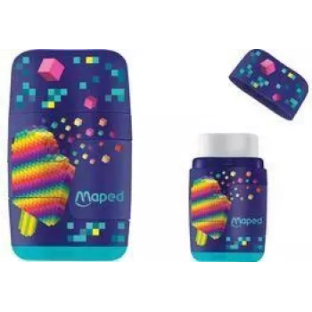 Maped Pixel Party gomma e temperino combinati, doppio foro, contenitore trucioli trasparente, colori assortiti 049223