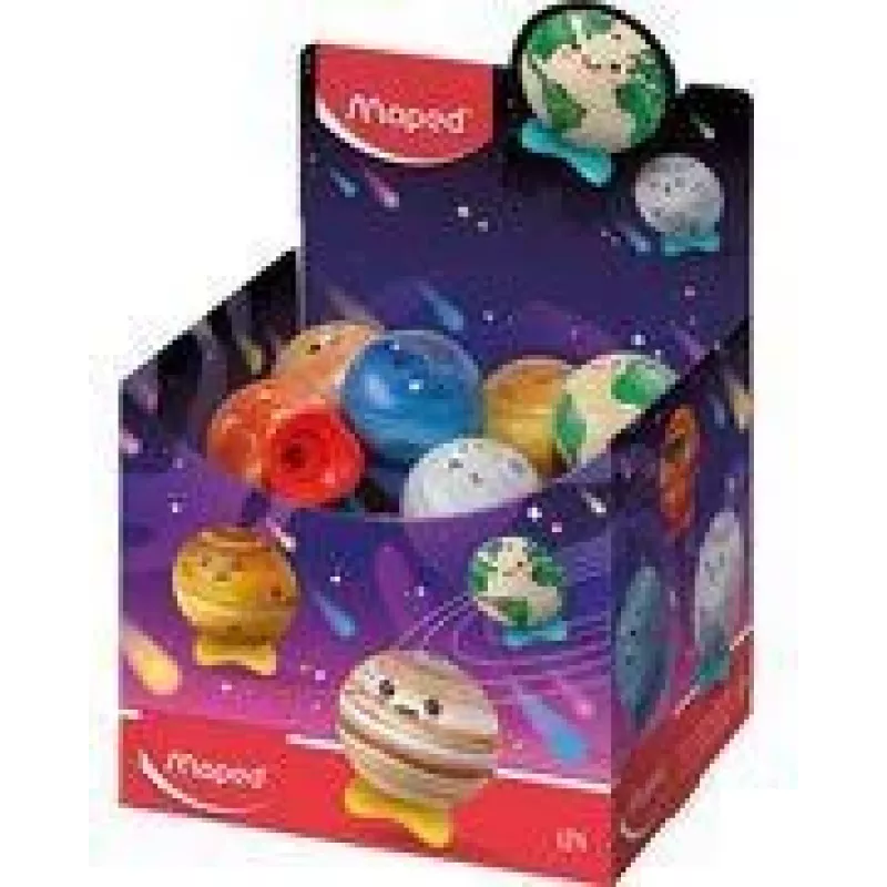 Maped Planet temperino in metallo con contenitore, design assortiti, espositore da 24 pz 051102EU