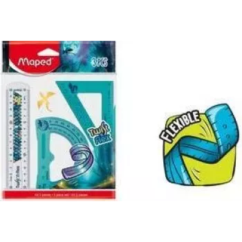 Maped Twist'n Flex Dragon set geometria, 3 pezzi, plastica flessibile, infrangibile, righello 15 cm, goniometro 180°, squadra 45°/45°/90° 981898