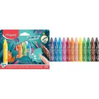 Maped Jungle Fever pastelli a cera jumbo triangolari, 12 colori diversi, motivi animali, astuccio in cartone, da 1 anno