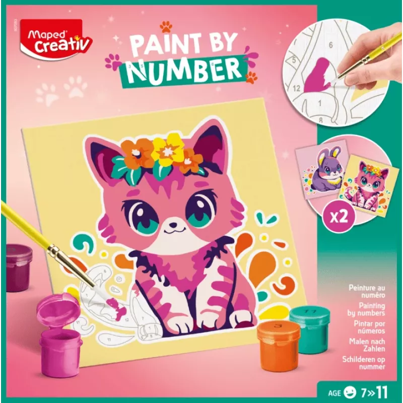 Maped Creativ set colora per numeri gatto e coniglio - 2 tavole prestampate, colori acrilici, pennelli, da 7 anni 907083