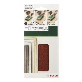 Bosch 2609256A90 confezione da 10 fogli abrasivi con velcro 185 mm x 93 mm, grana 120, forati